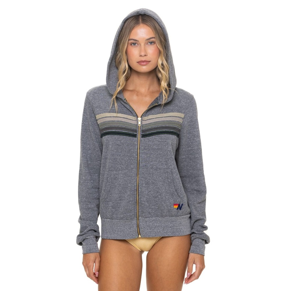 Aviator Nation 5 Stripe Relaxed Zip Up Hoodie HEATHER GREY Women's XS MSRP $196